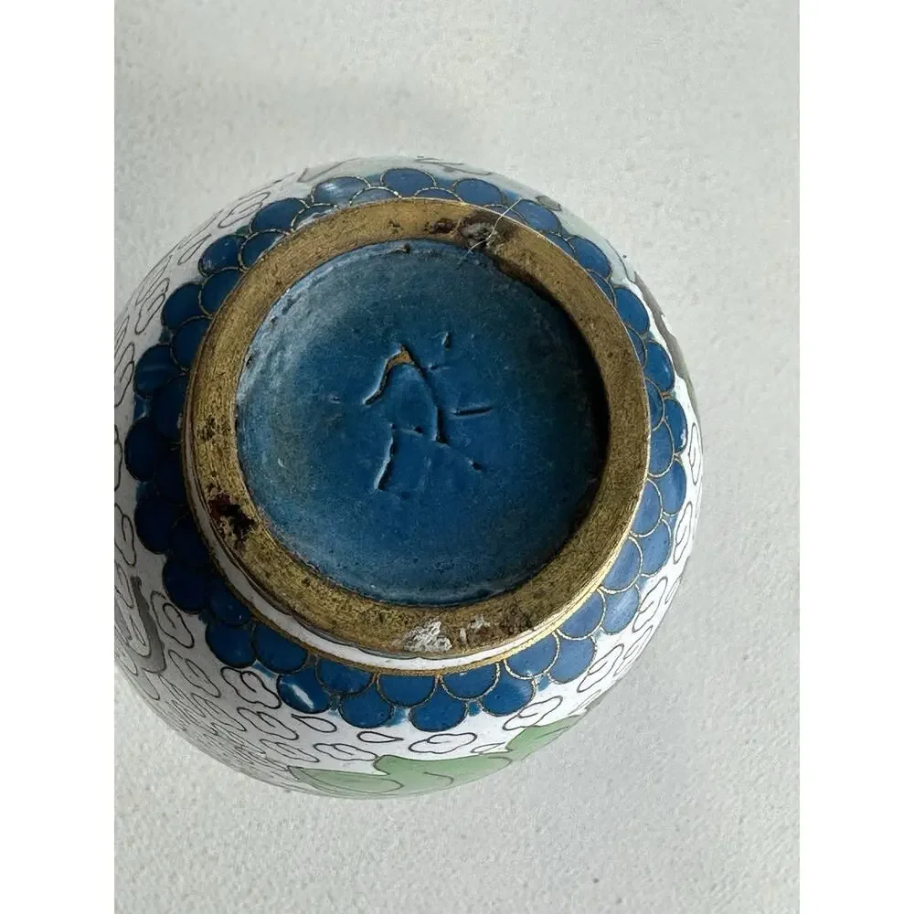 vintage chinese cloisonne vase brass white enamel peony bird butterfly decor
